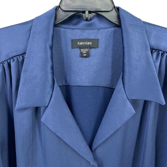 Karen Kane Satin Button Front Shirt Womens Plus Size 3X Indigo Blue V Neck - Picture 2 of 7